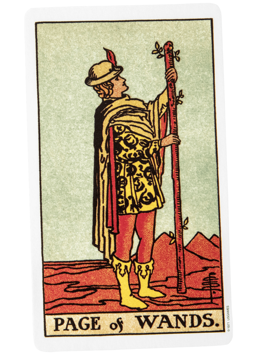 Page of Wands tarot card from the Rider-Waite-Smith tarot deck.