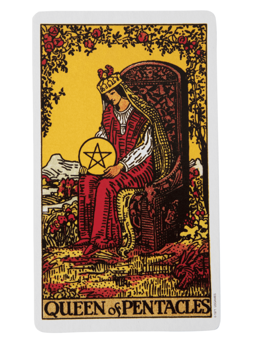 Queen of Pentacles tarot card from the Rider-Waite-Smith tarot deck.