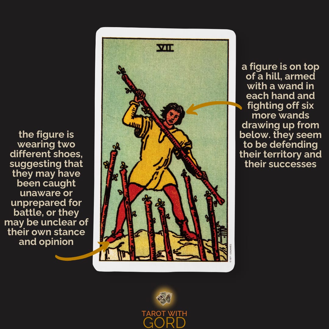An image of the Seven of Wands tarot card with annotations. The figure holds a wand defensively, prepared for a challenge. Wearing mismatched shoes suggests they may have been caught off guard or are uncertain about their stance. The card embodies the courage to stand up for one’s beliefs, even when unprepared.