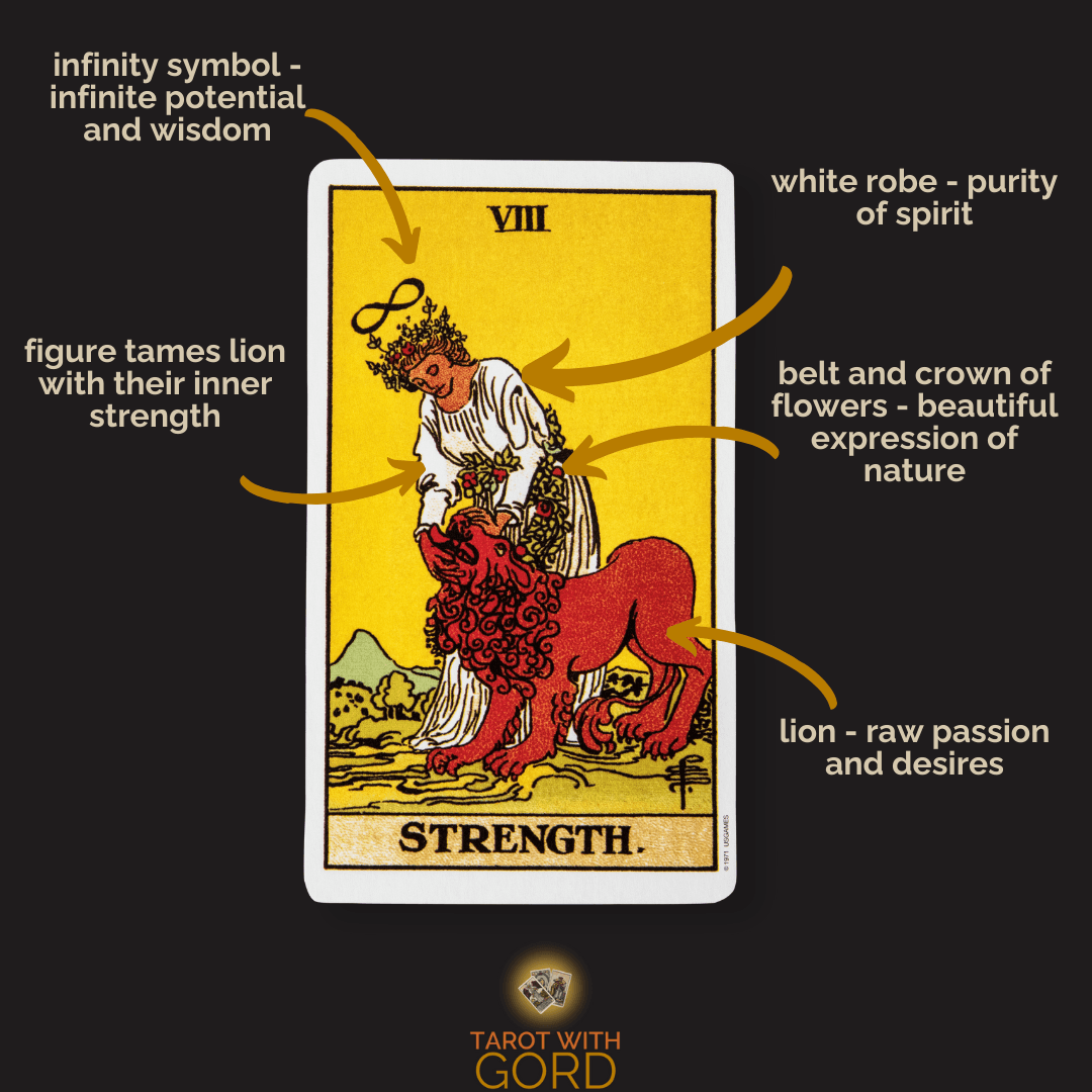 An image of the Strength tarot card with annotations. The infinity symbol represents infinite potential and wisdom. The figure tames the lion with their inner strength. The white robe represents purity of spirit. The belt and crown of flowers are a beautiful expression of nature. The lion symbolises raw passion and desires.