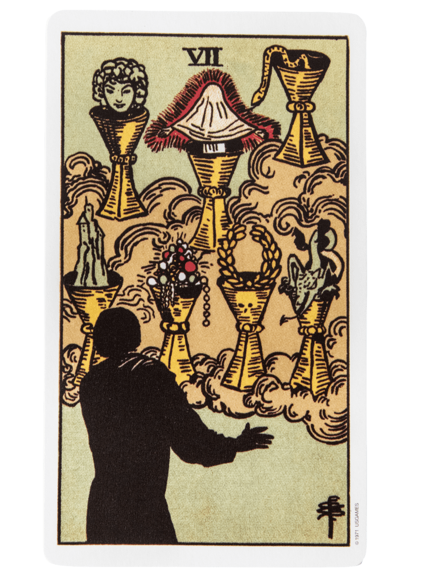 Seven of Cups tarot card from the Rider-Waite-Smith tarot deck.