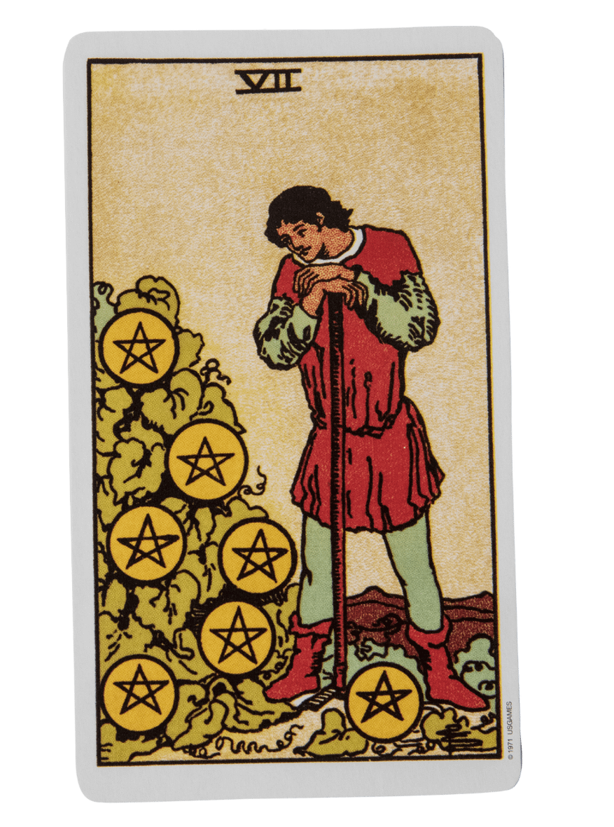 Seven of Pentacles tarot card from the Rider-Waite-Smith tarot deck.