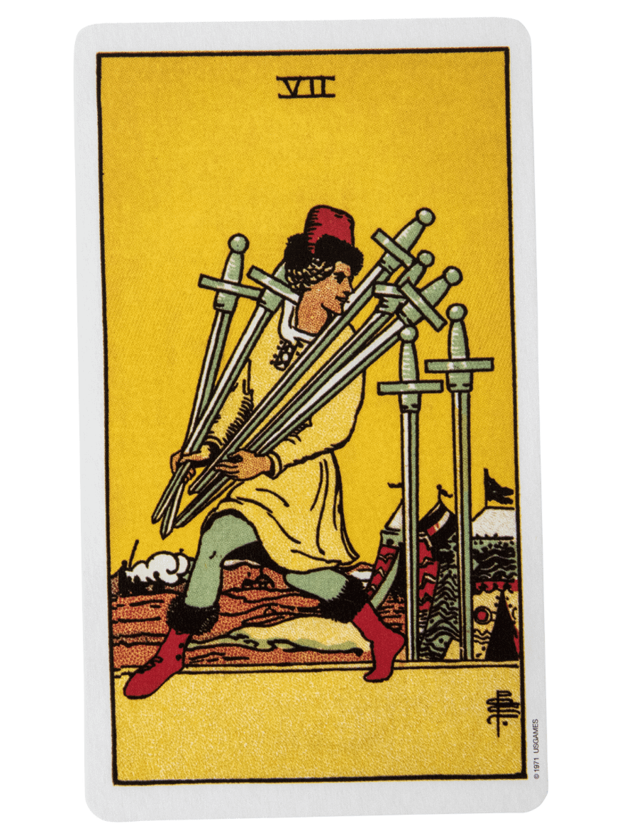 Seven of Swords tarot card from the Rider-Waite-Smith tarot deck.