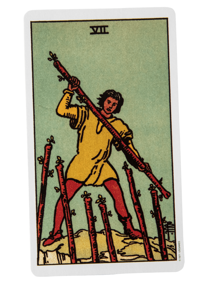 Seven of Wands tarot card from the Rider-Waite-Smith tarot deck.