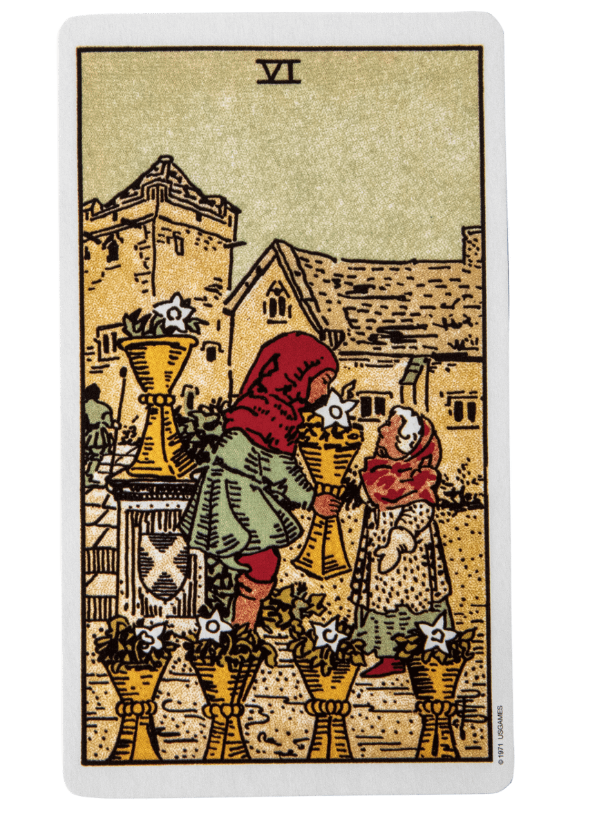 Six of Cups tarot card from the Rider-Waite-Smith tarot deck.