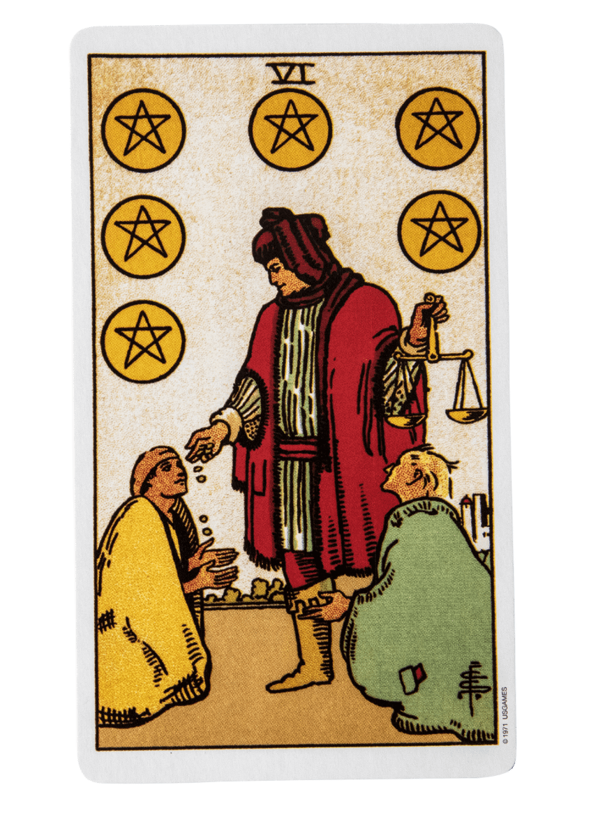 Six of Pentacles tarot card from the Rider-Waite-Smith tarot deck.