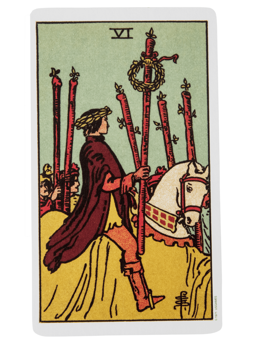 Six of Wands tarot card from the Rider-Waite-Smith tarot deck.