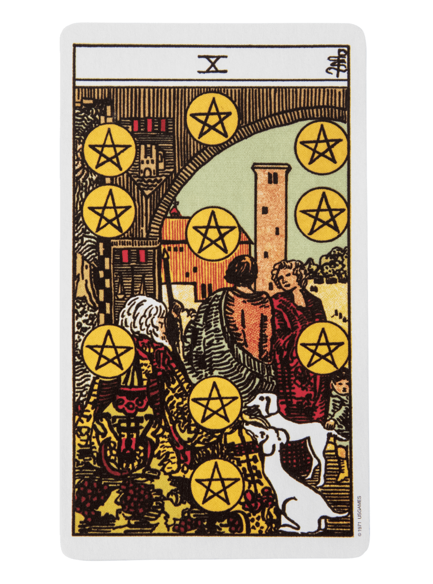 Ten of Pentacles tarot card from the Rider-Waite-Smith tarot deck.