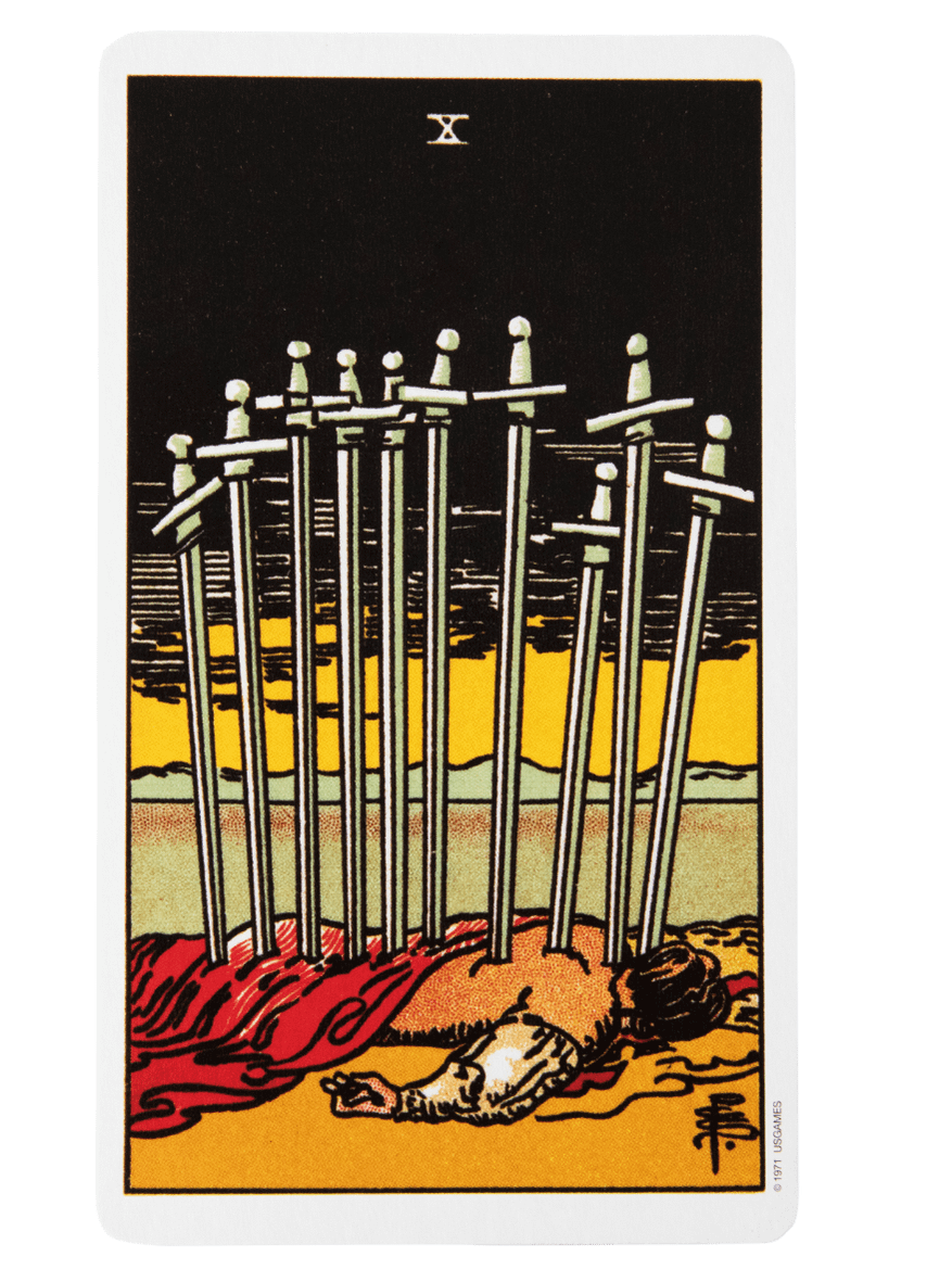 Ten of Swords tarot card from the Rider-Waite-Smith tarot deck.