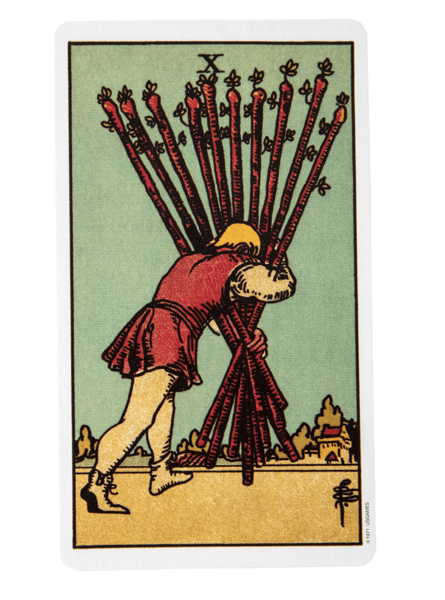 Ten of Wands tarot card from the Rider-Waite-Smith tarot deck.