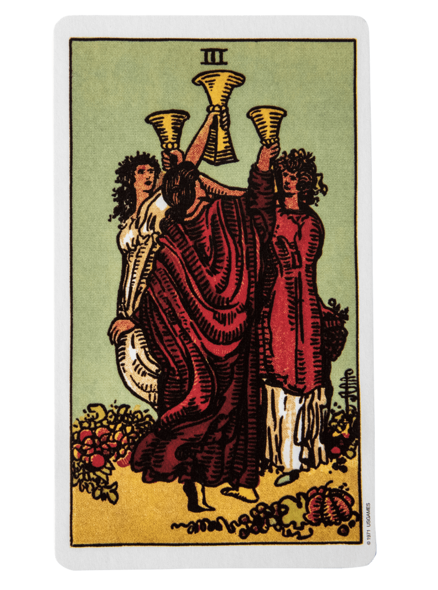 Three of Cups tarot card from the Rider-Waite-Smith tarot deck.