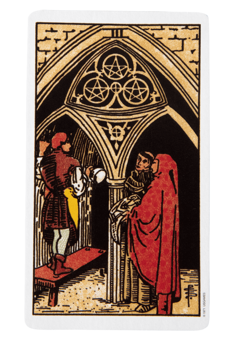 Three of Pentacles tarot card from the Rider-Waite-Smith tarot deck.