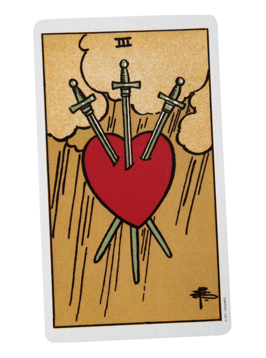 Three of Swords tarot card from the Rider-Waite-Smith tarot deck.