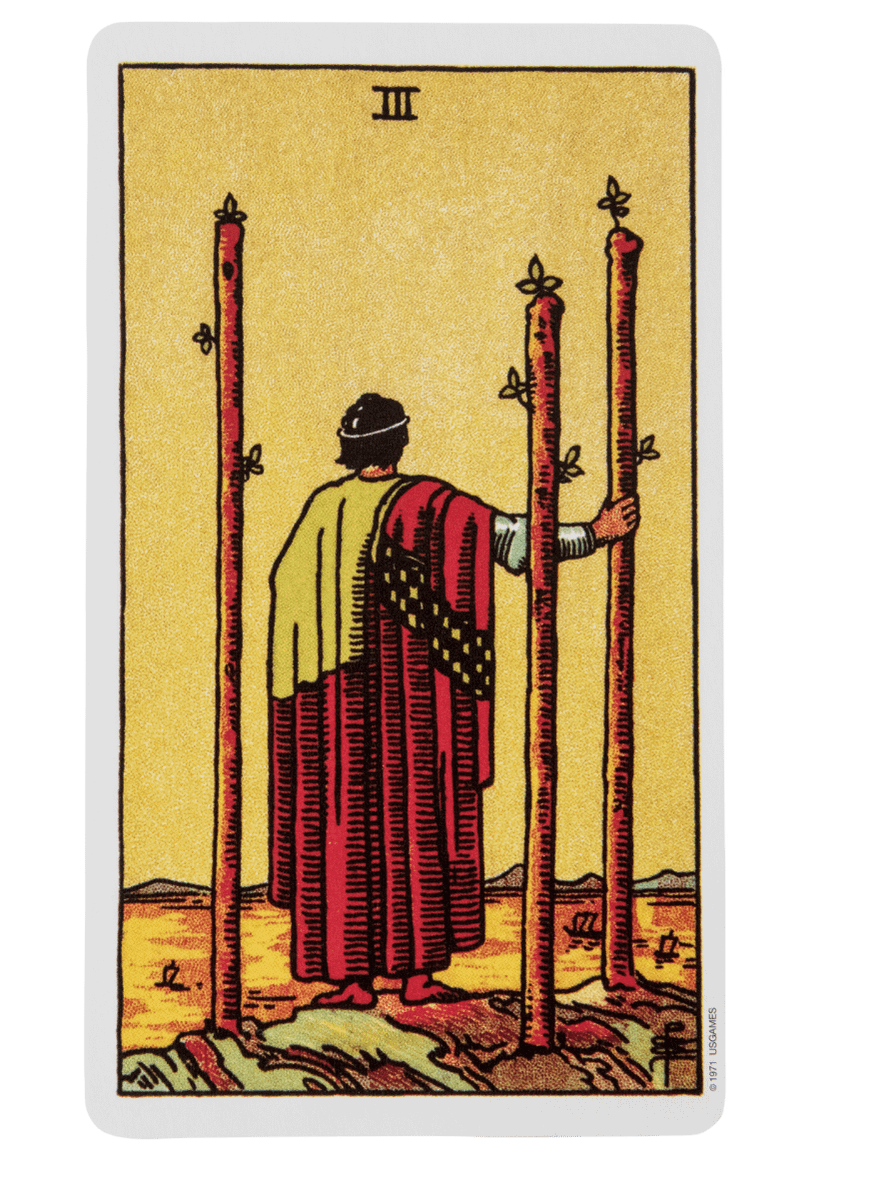Three of Wands tarot card from the Rider-Waite-Smith tarot deck.