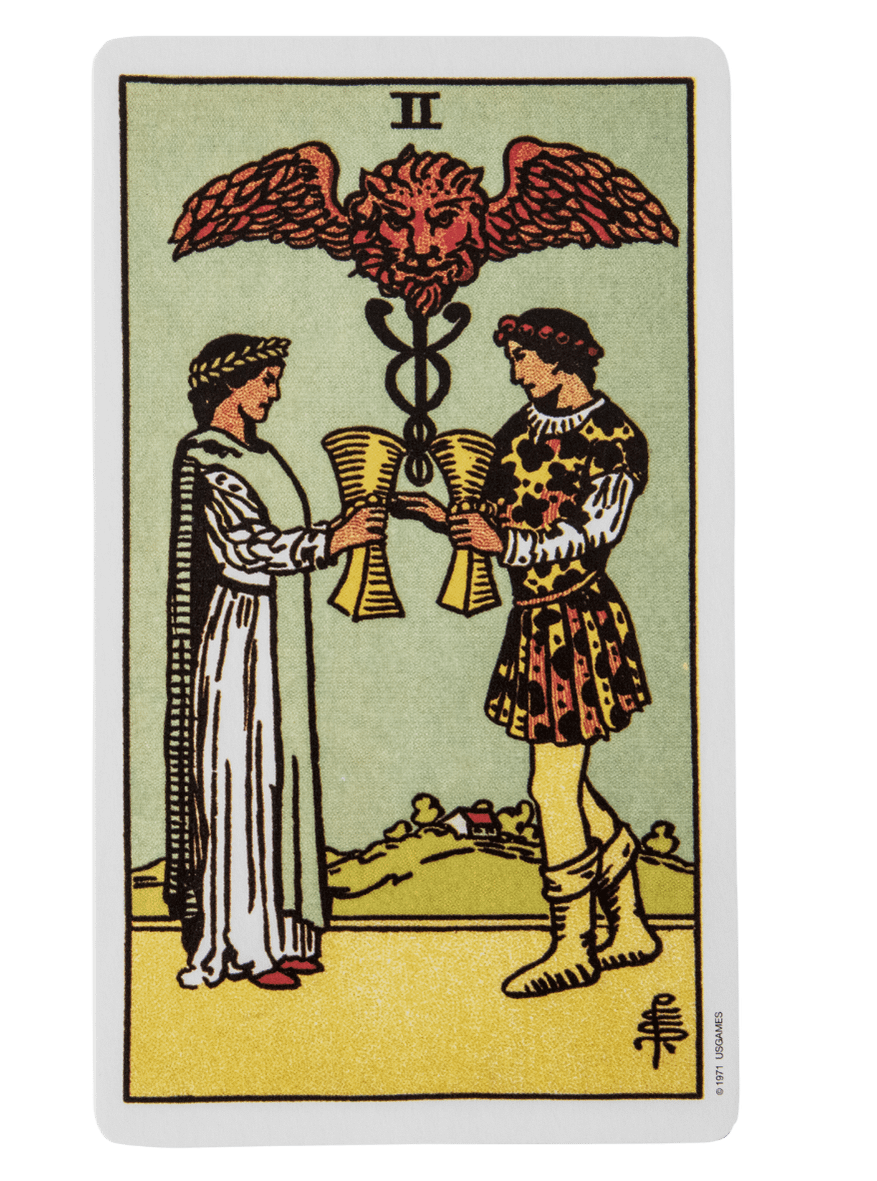 Two of Cups tarot card from the Rider-Waite-Smith tarot deck.