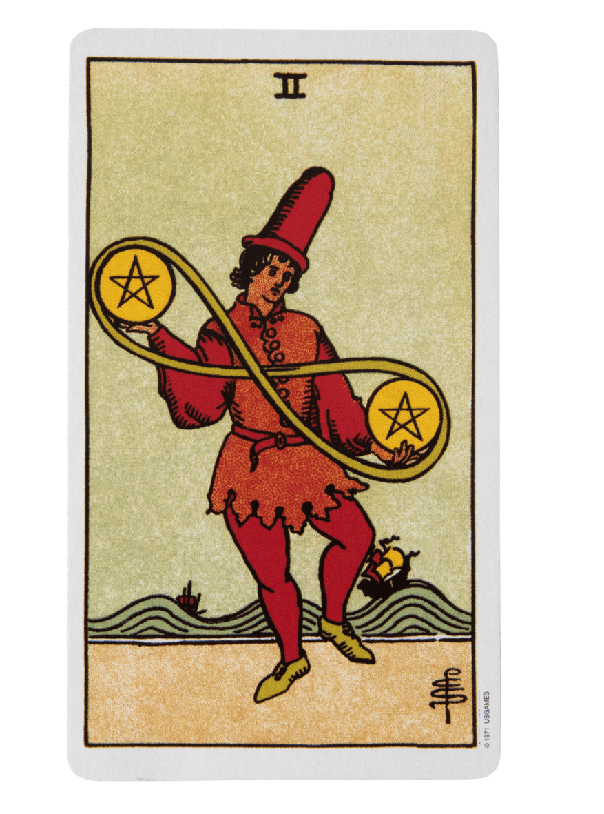 Two of Pentacles tarot card from the Rider-Waite-Smith tarot deck.
