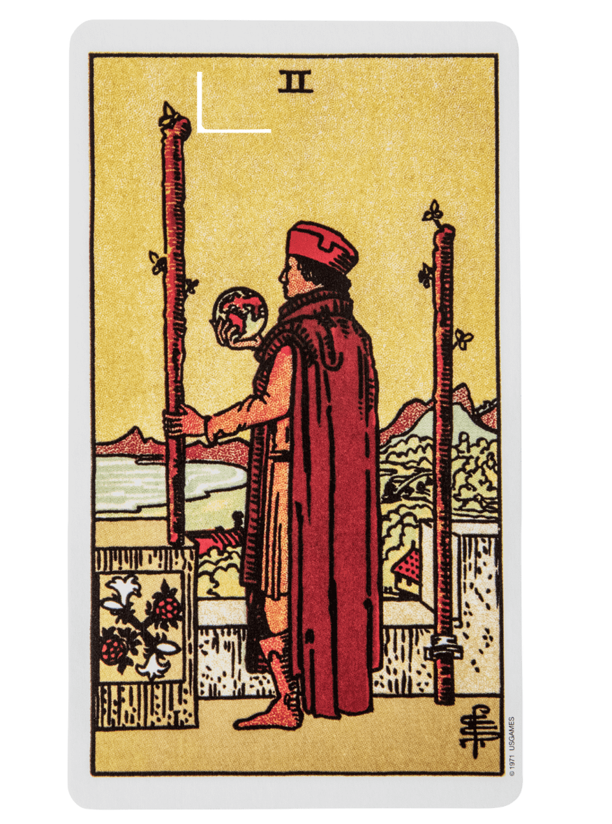 Two of Wands tarot card from the Rider-Waite-Smith tarot deck.
