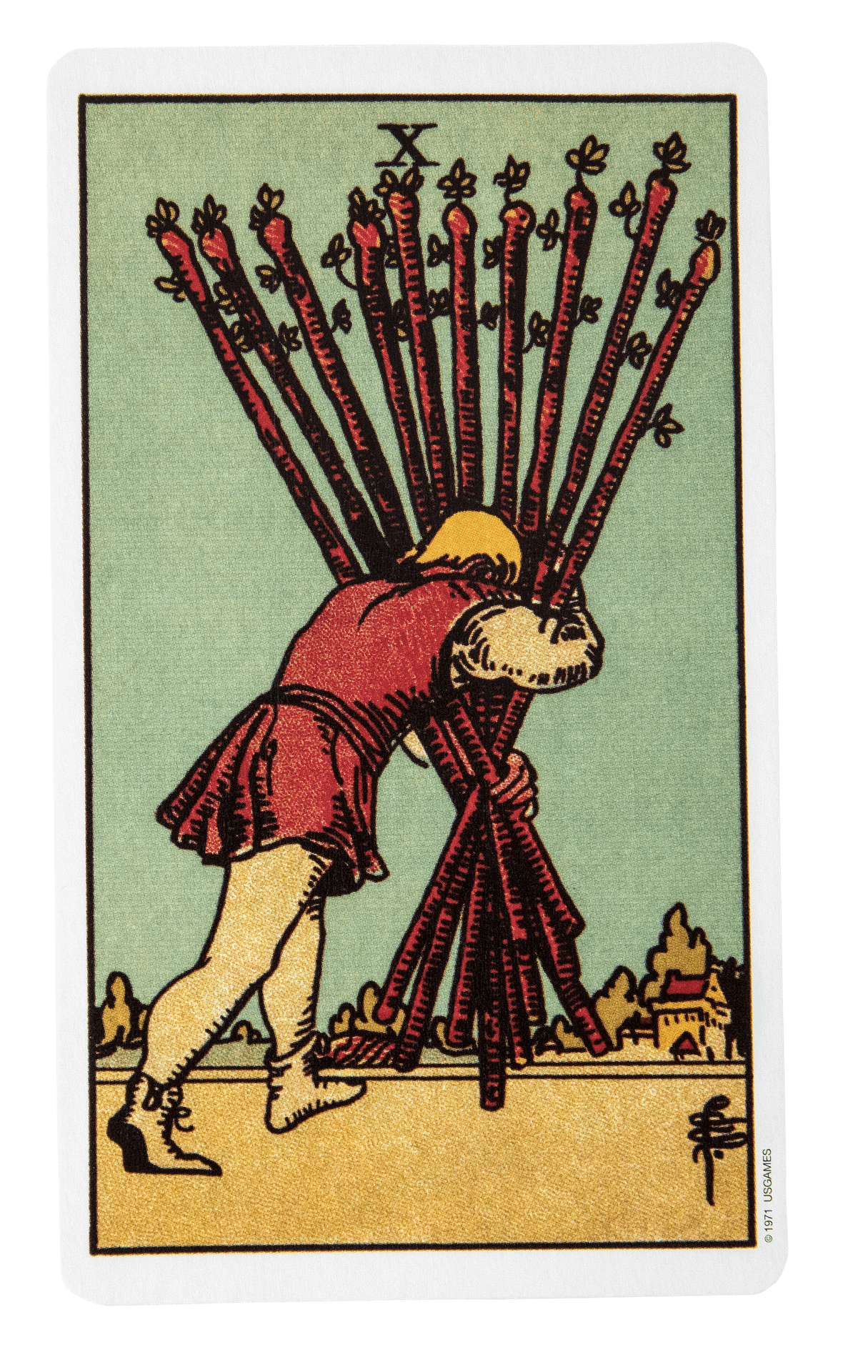 Ten of Wands depiction, seen as the worst tarot card for burnout, illustrating a person struggling to carry an overwhelming burden of wands.