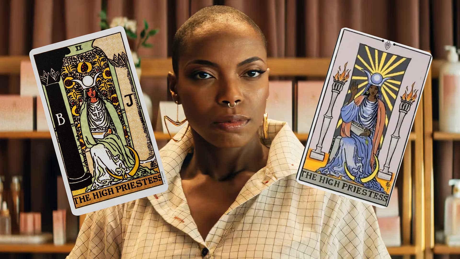 Image shows Jennifer Kale alongside the traditional Rider-Waite depiction of the High Priestess card and the version featured in Agatha All Along. Showing how tarot in Agatha All Along portrays the card’s focus on intuition, mystery, and spiritual wisdom.