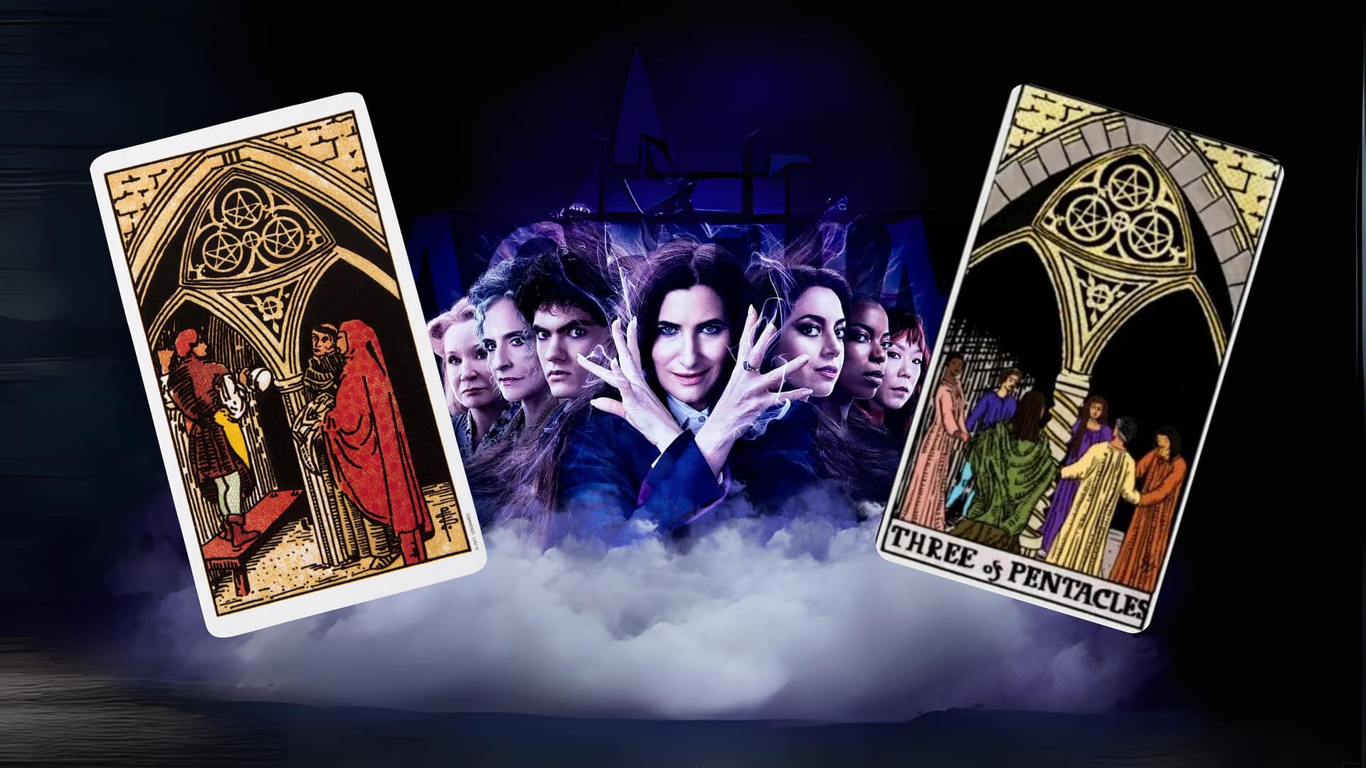Image shows the Coven alongside the traditional Rider-Waite depiction of the Three of Pentacles and the version featured in Agatha All Along. Showing how tarot in Agatha All Along uses this card to represent teamwork and collaboration within the coven.