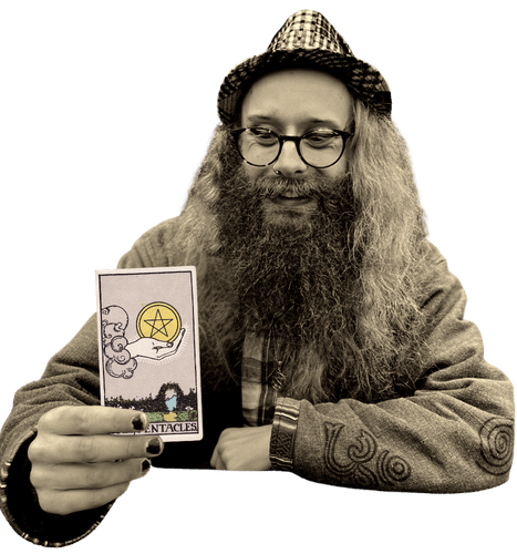 Gord holding the Ace of Pentacles card