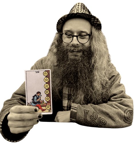 Gord holding the Eight of Pentacles card