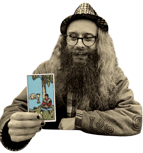 Gord holding the Four of Cups card