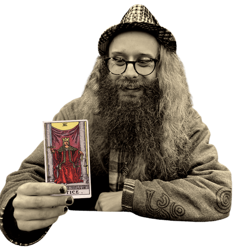 Gord holding the Justice card
