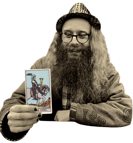 Gord holding the Knight of Cups card