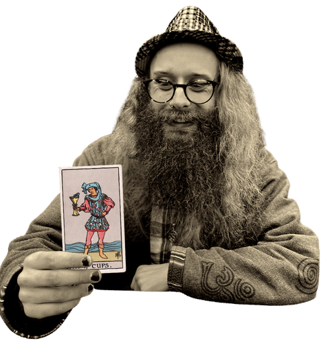 Gord holding the Page of Cups card