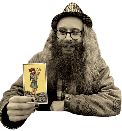 Gord holding the Page of Pentacles card
