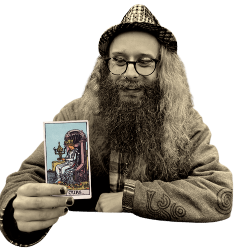 Gord holding the Queen of Cups card
