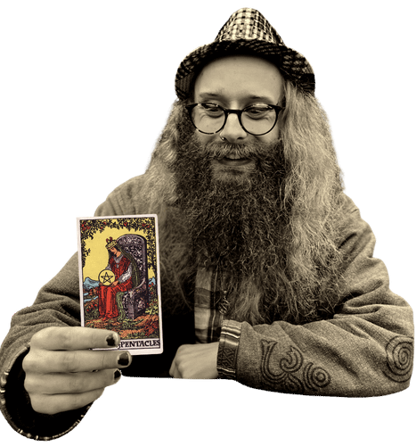 Gord holding the Queen of Pentacles card