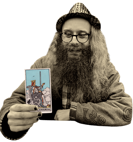 Gord holding the Queen of Swords card