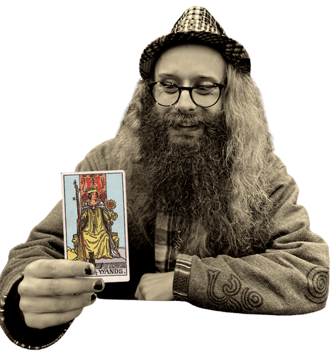Gord holding the Queen of Wands card