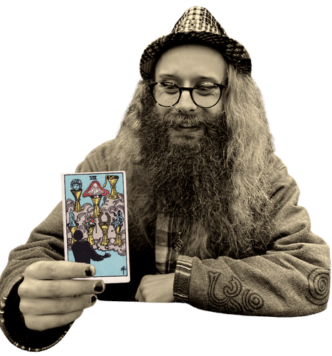 Gord holding the Seven of Cups card
