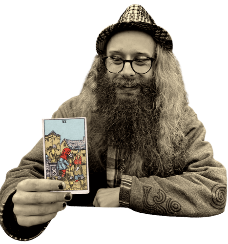 Gord holding the Six of Cups card