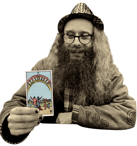 Gord holding the Ten of Cups card