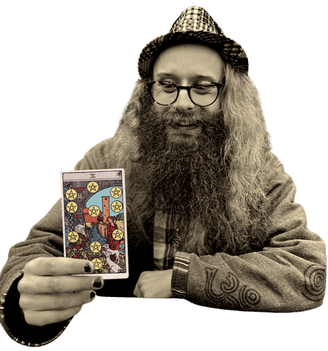 Gord holding the Ten of Pentacles card