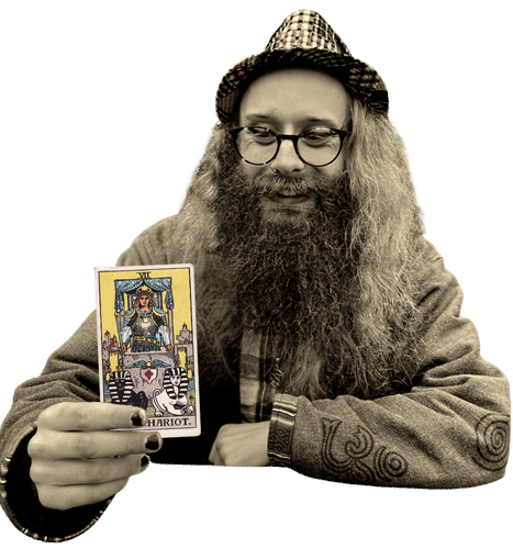 Gord holding the Chariot card