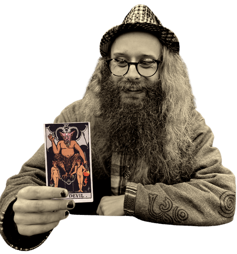 Gord holding the Devil card