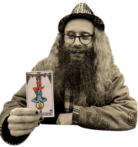 Gord holding the Hanged One card