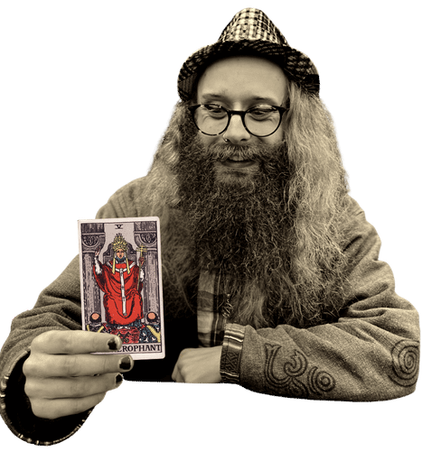 Gord holding the Hierophant card