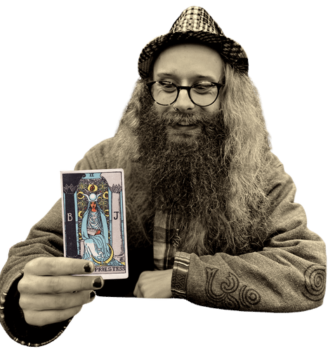 Gord holding the High Priestess card