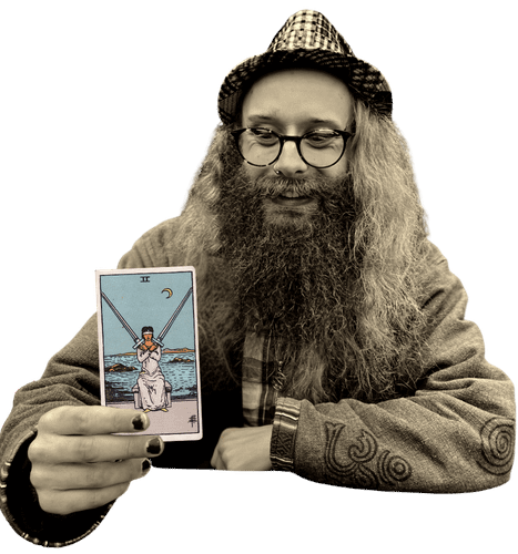 Gord holding the Two of Swords card