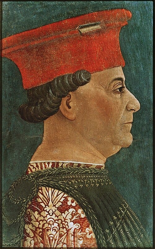 Painted profile portrait of Bonifacio Bembo, the artist behind the oldest tarot deck, the Visconti-Sforza Tarot, which shaped the history of tarot cards.

