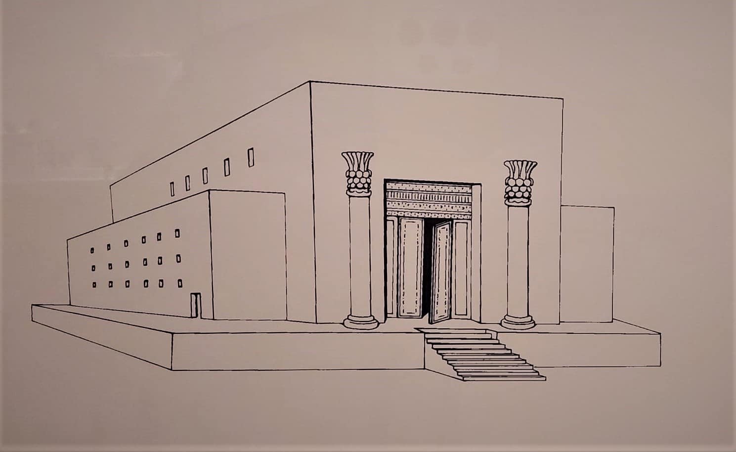 Line drawing of Solomon’s Temple with two prominent entrance pillars, Boaz and Jachin, shown flanking an ornate doorway.
