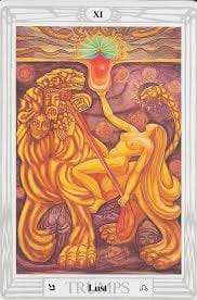 Thoth Tarot Lust card featuring a nude figure riding a multi-headed lion, holding a chalice overflowing with light. The scene is rich in deep reds and golds, symbolising desire, power, and ecstatic transformation.