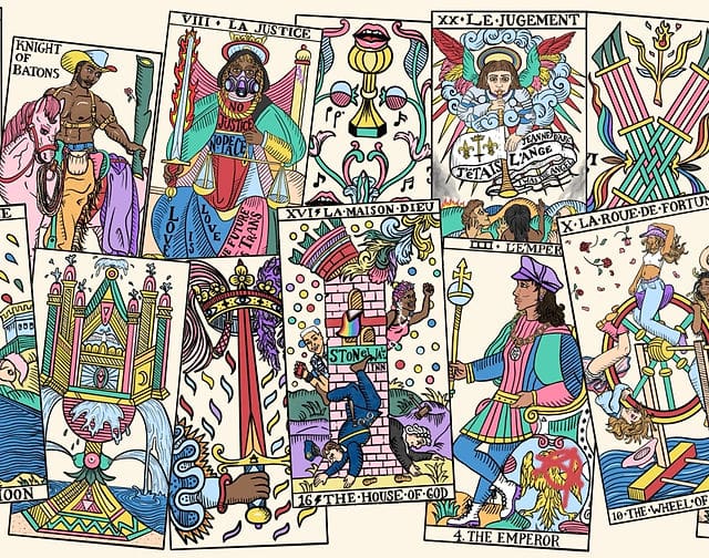 Selection of cards from The Gay Marseille Tarot by Charlie Claire Burgess, featuring vibrant, queer-inclusive reinterpretations of the Marseille style with bold colours, diverse figures, and symbolic updates such as protest imagery, trans and non-binary characters, and culturally specific references.
