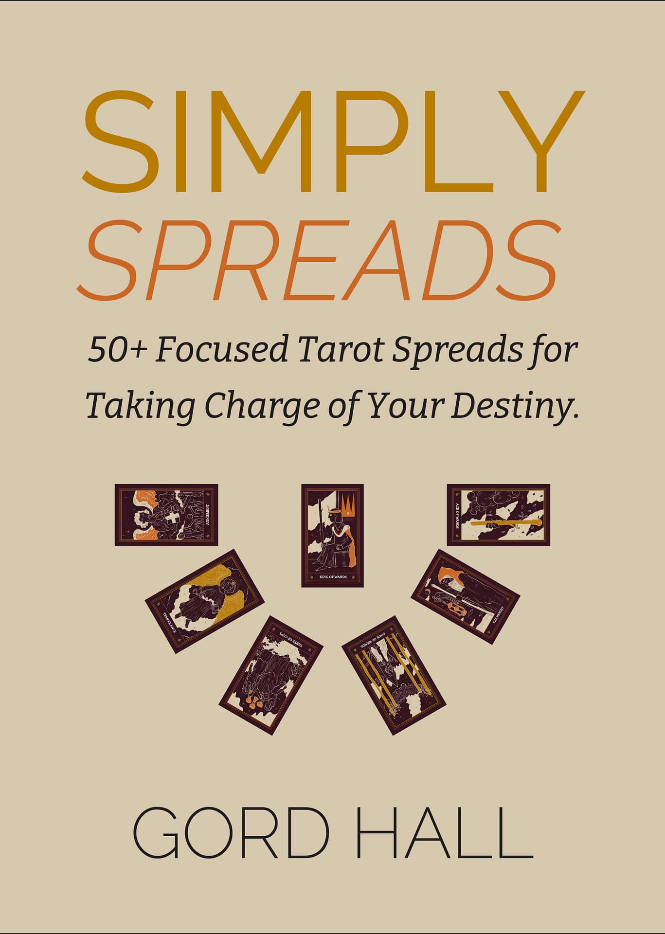 A woman in a blue sweater holding up the book “Simply Spreads” by Gord Hall in front of her face, showcasing its cover. The book features tarot cards on the cover and highlights its focus on tarot spreads for self-empowerment.